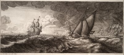 A Yacht and Three Warships in a Storm. State 1 by Wenceslaus Hollar